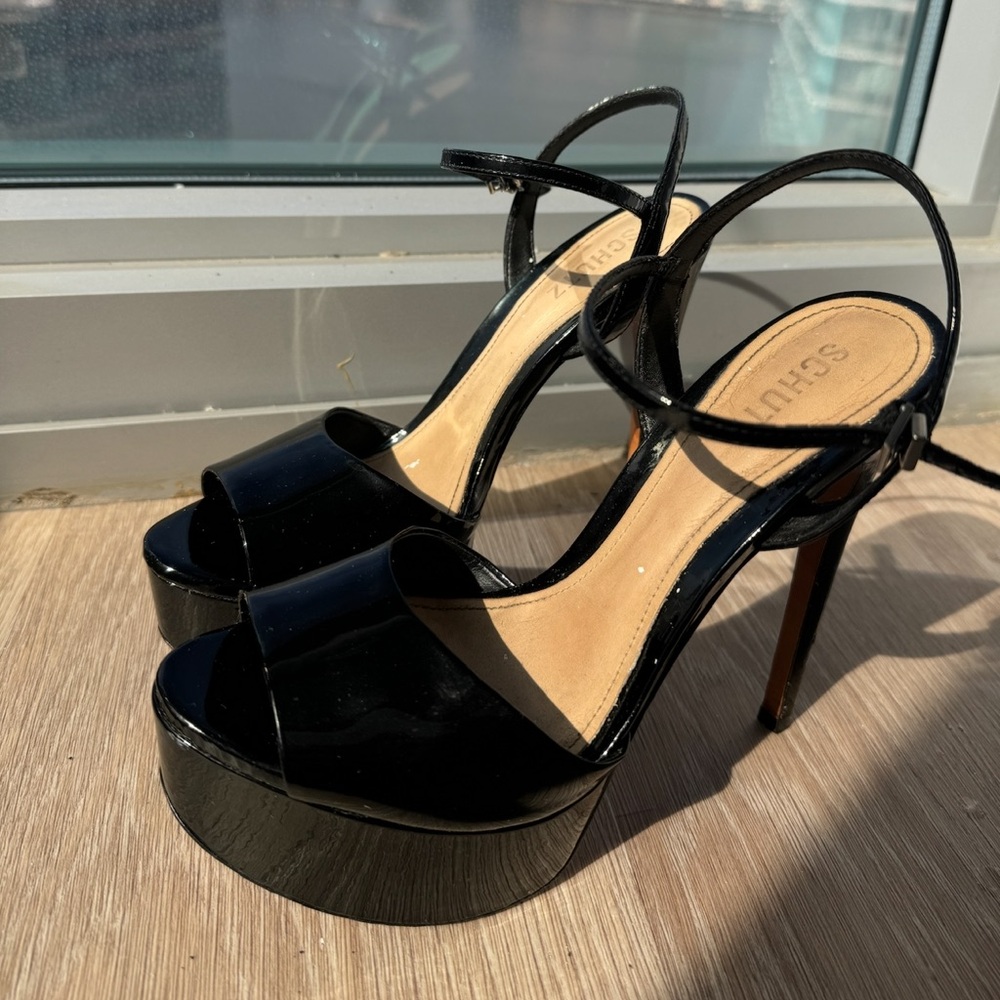 SCHUTZ Glossy Black Platform Sandals
